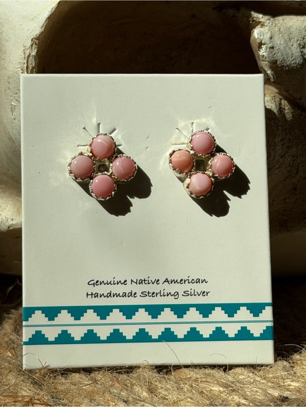 Genuine Native American Handmade Pink Conch Cluster Sterling Silver Earrings